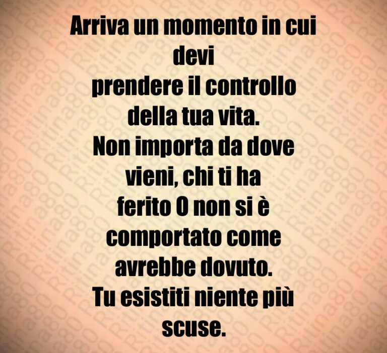 Arriva un momento in cui devi
prendere il controllo della tua vita 
Non importa da dove vieni  chi ti ha
ferito O non si è comportato come
avrebbe dovuto 
Tu esistiti niente più scuse