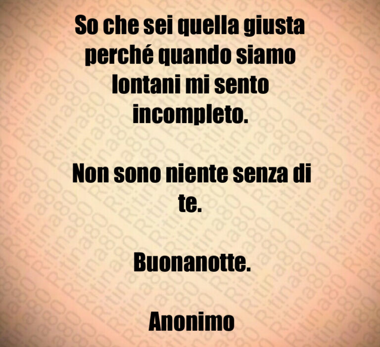 So che sei quella giusta perché quando siamo lontani mi sento incompleto 

 Non sono niente senza di te 

 Buonanotte 

 Anonimo
